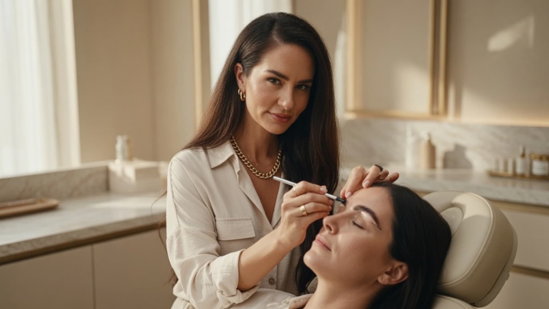 Rachael Reed performing powder brow permanent makeup in Austin, Texas