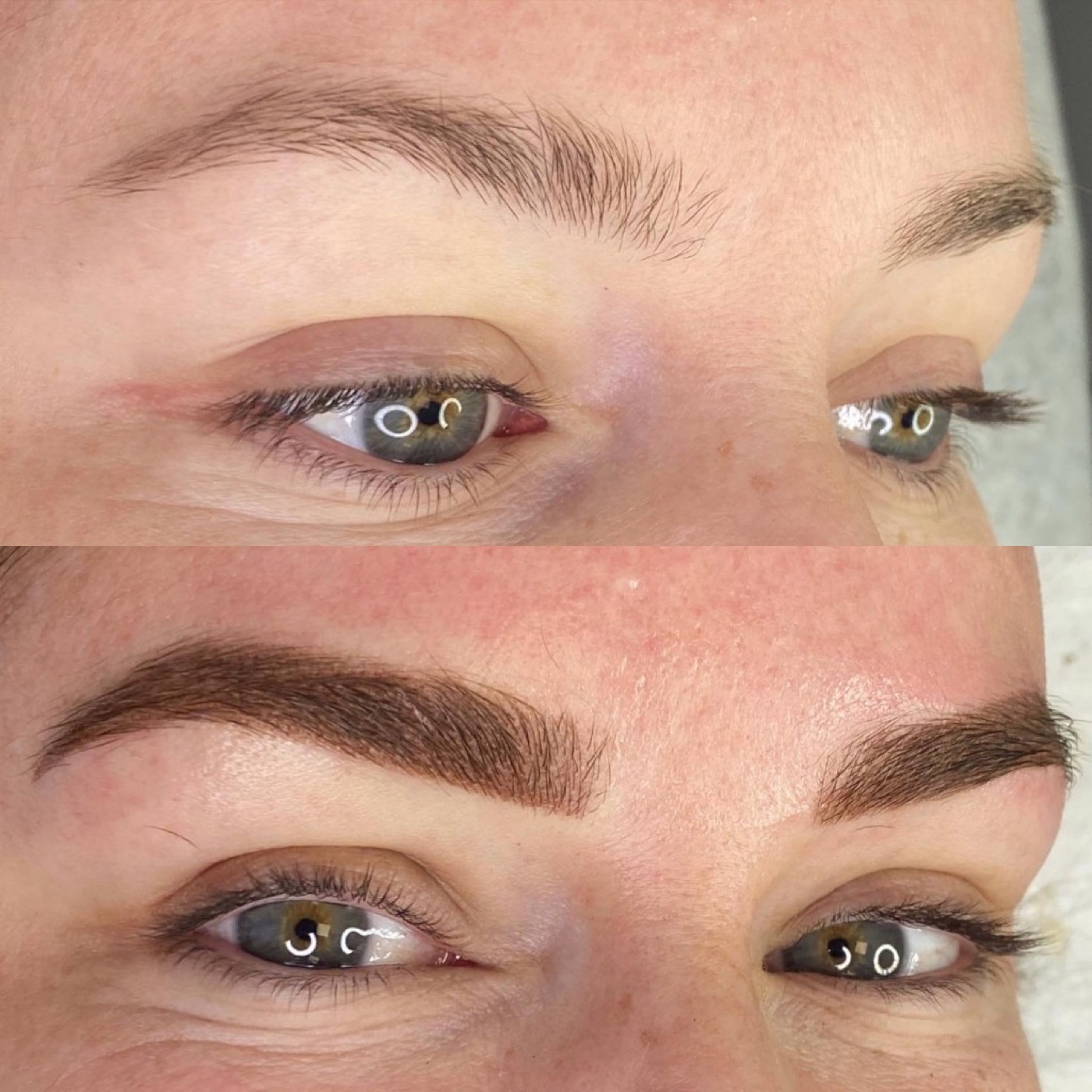 Before and after powder brows Austin — sparse natural brows transformed with soft powder technique by Rachael Reed, RN