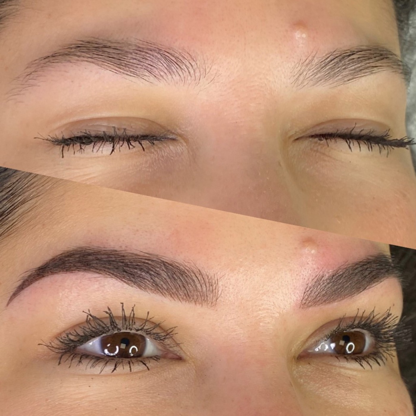Powder brow before and after — thin brows to full natural definition, nurse-trained permanent makeup Austin