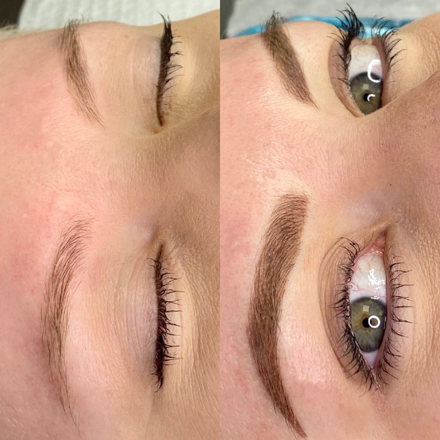 Before and after ombre powder brows — light sparse brows to defined soft brown arches by Rachael Reed
