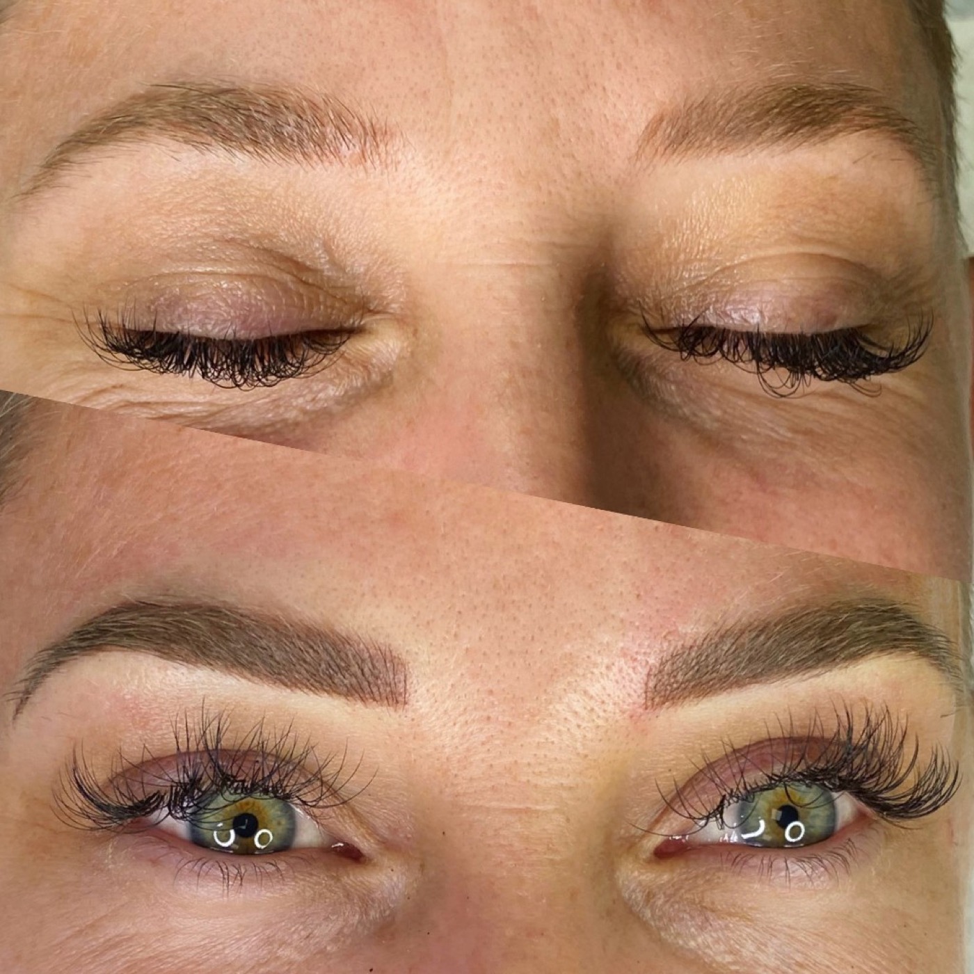 Powder brows before and after Austin TX — mature client with sparse brows to soft natural result