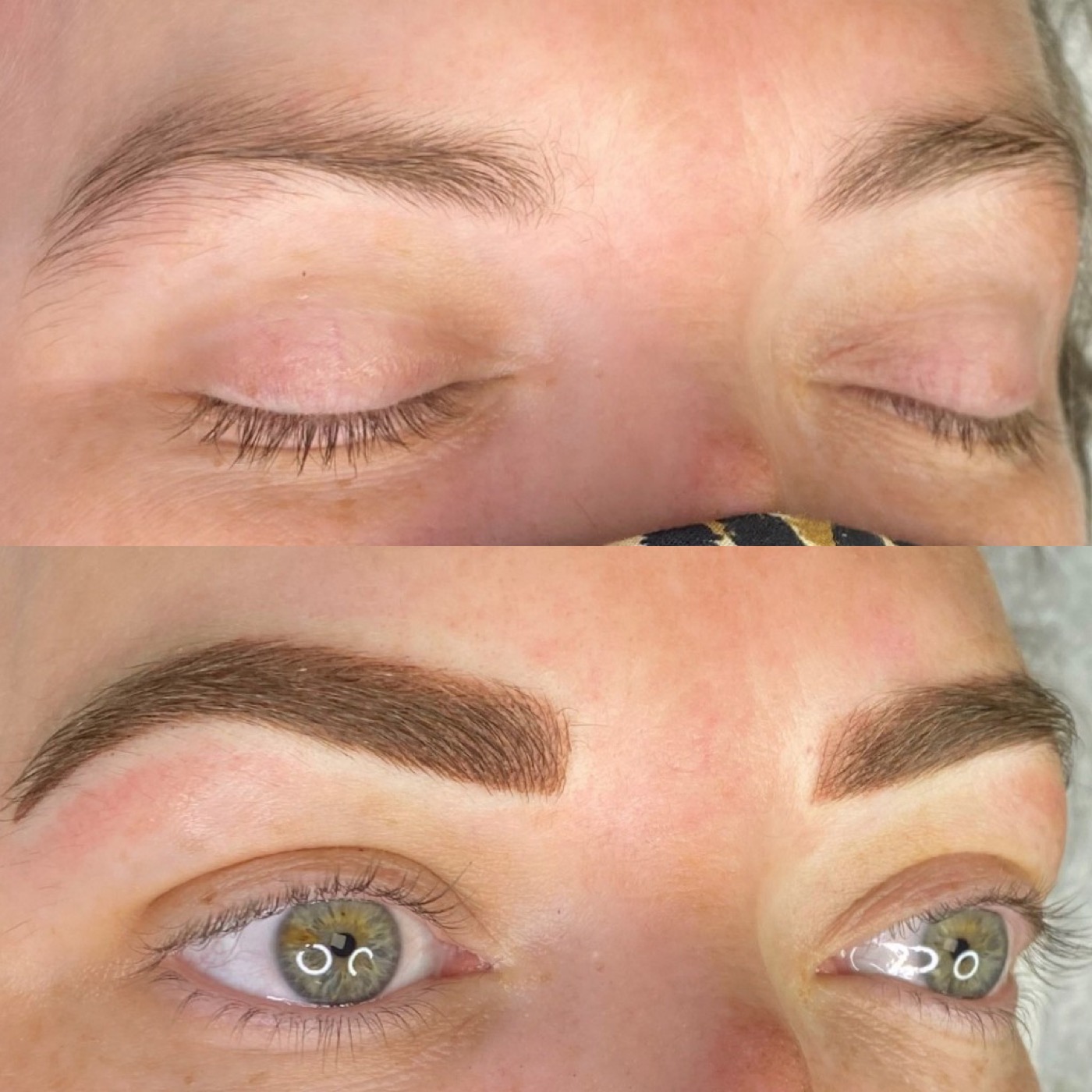 Before and after combo brows — hair strokes and soft shading by Rachael Reed, nurse-trained PMU Austin
