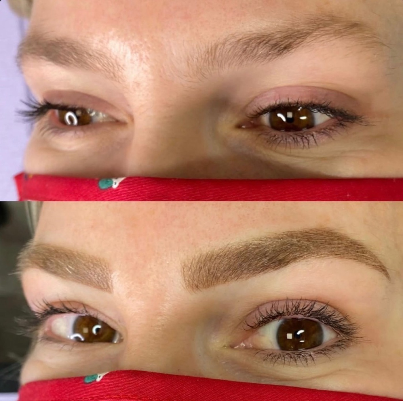 Before and after powder brow procedure — brow mapping to healed powder brow result Austin Texas