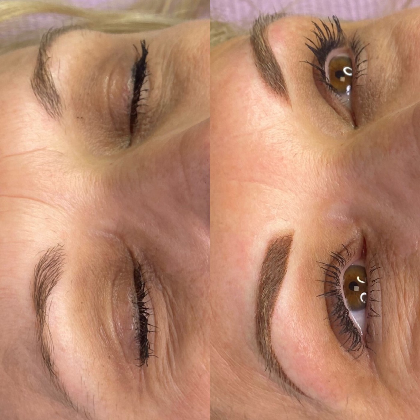 Permanent eyebrow makeup before and after — natural-looking powder brows by Rachael Reed, RN