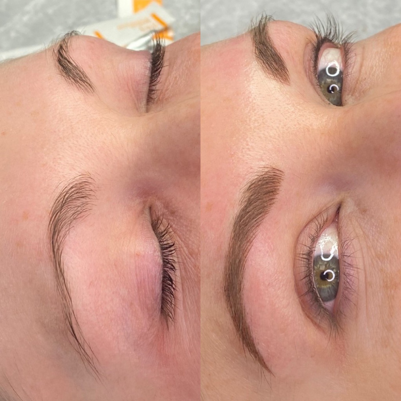Before and after powder brows — green eyes, soft taupe brow pigment, Austin permanent makeup