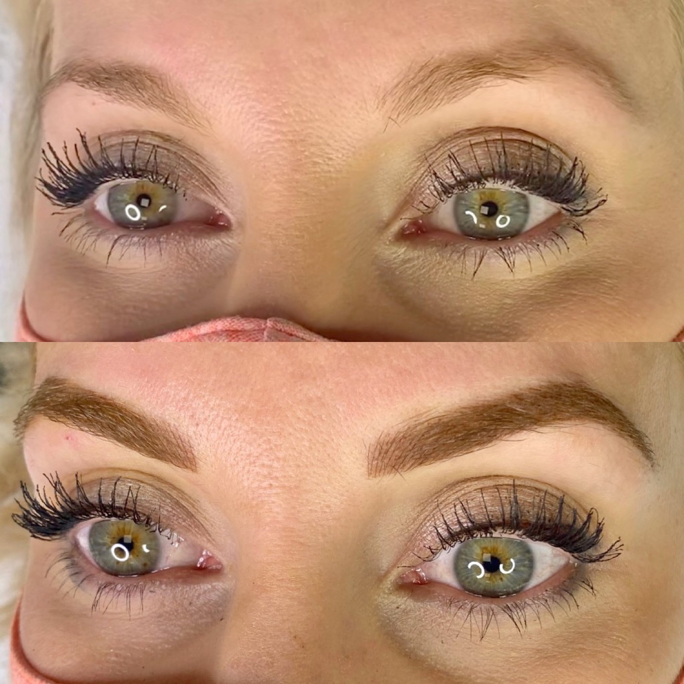Powder brow before and after — diagonal split comparison, nurse-trained precision Austin TX