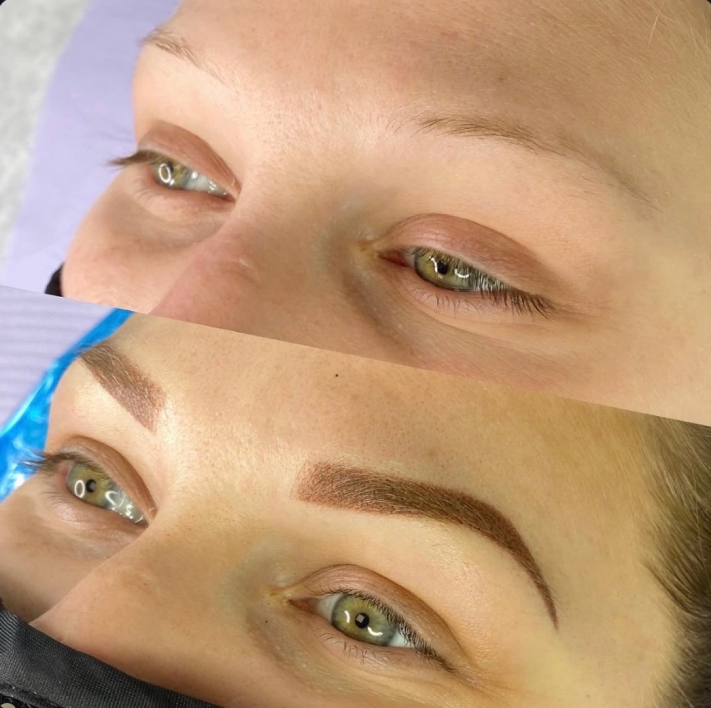 Before and after permanent brows — stacked comparison showing healed powder brow results