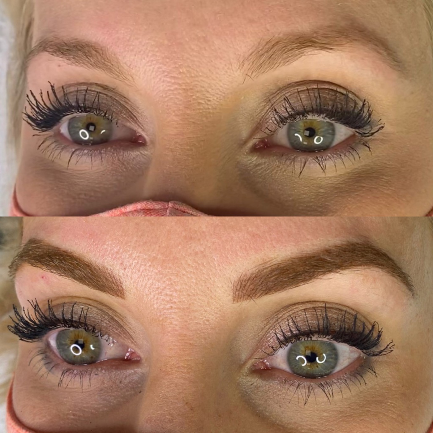 Powder brow transformation before and after — sparse tails filled with soft natural color
