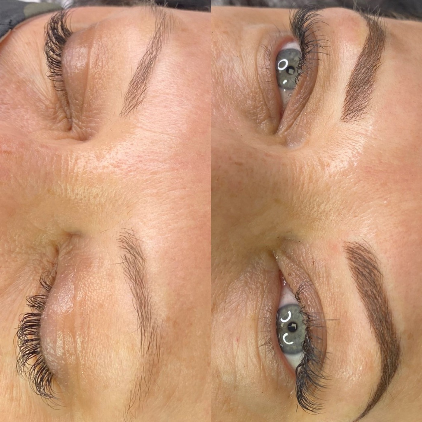 Before and after powder brows Austin — client with fair skin and natural soft brown brow fill
